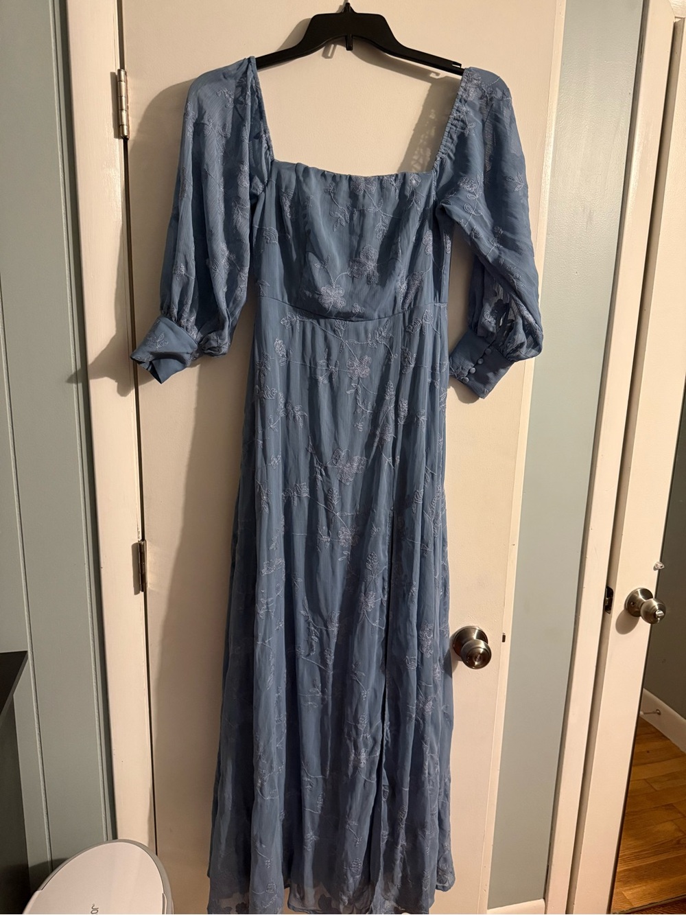 Lulu's Dusty Blue Puff-Sleeve Maxi Dress